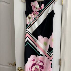Sleeveless Black Floral Sheath Dress with Pink Accents